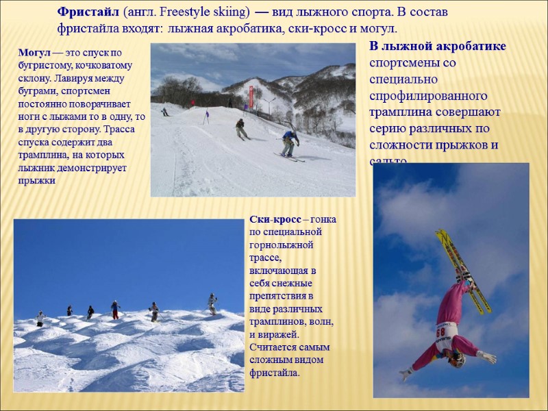 Фристайл (англ. Freestyle skiing) — вид лыжного спорта. В состав фристайла входят: лыжная акробатика,
